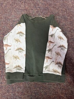 Kids Olive Green Waffle Knit Top with Dinosaur Print Sleeves